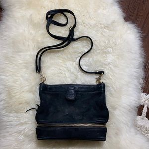 Black suede snap-top crossbody bag from Anthropology by Miss Albright